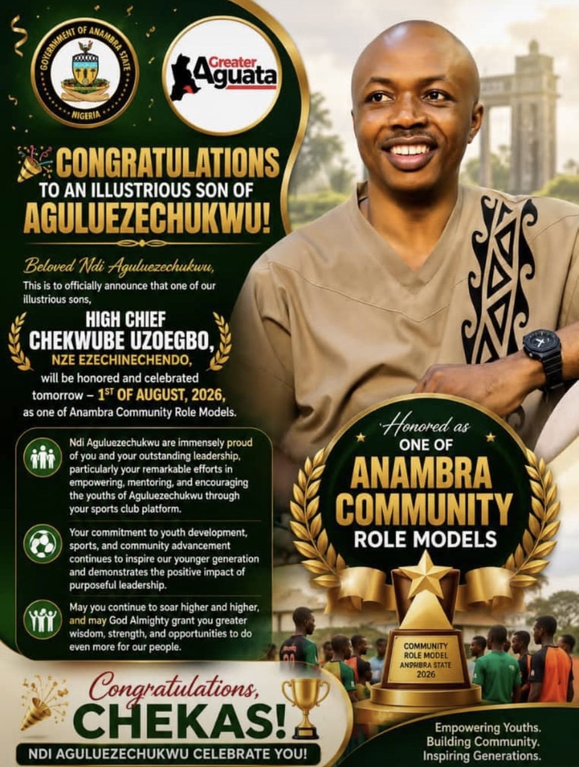 High Chief Chekwube Uzoegbo Honoured as Anambra Community Role Model 2026